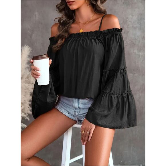 Ruched Spaghetti Strap Blouse Cold Shoulder Blouse Black Size 14 - Picture 7 of 10